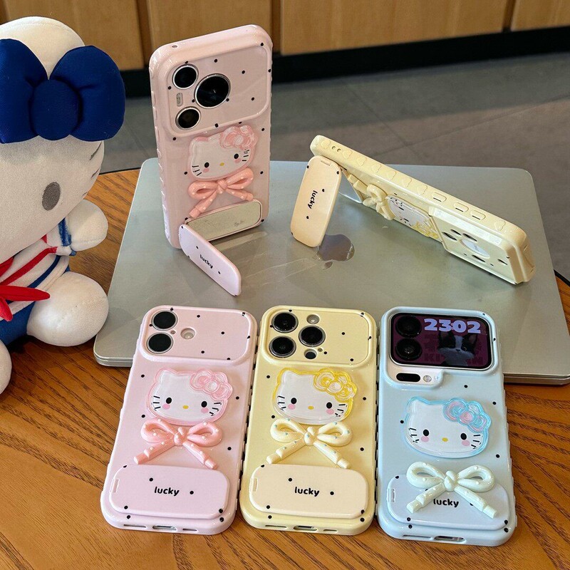 Cat Bow Tie Phone Case Suitable for Apple 17 Pro Max, High Aesthetic Mirror Stand for Girls, Compatible with Huawei Xiaomi 15