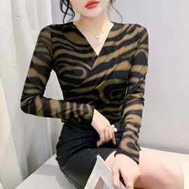 2024年春秋季新款欧货洋气v领网纱长袖T恤修身条纹印花显瘦上衣女