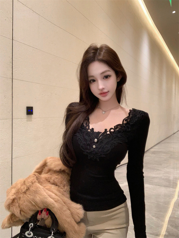 Rayon Brushed Lace Pure Lust Style V-Neck Long-Sleeved T-Shirt Women's Waist-Cinching Black Tight-Fitting Bottoming Shirt Top
