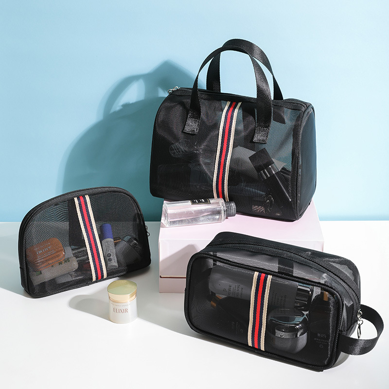 Fábrica al por mayor de gran capacidad de malla bolsa de lavado portátil de viaje bolsa de cosméticos transparente bolsa de almacenamiento de malla se puede personalizar logo