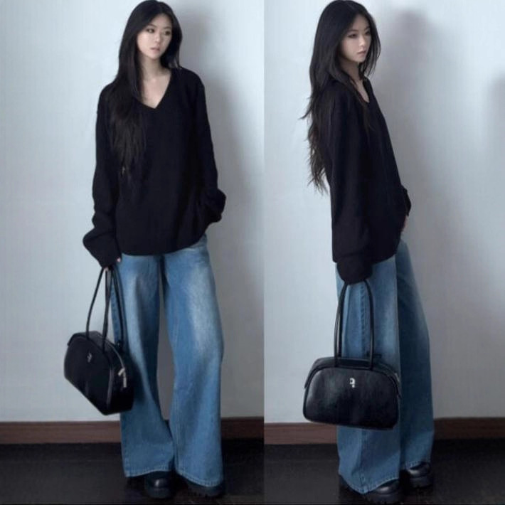 早秋慵懒高级感黑色V领套头毛衣女宽松显瘦2025新款针织外搭上衣|undefined