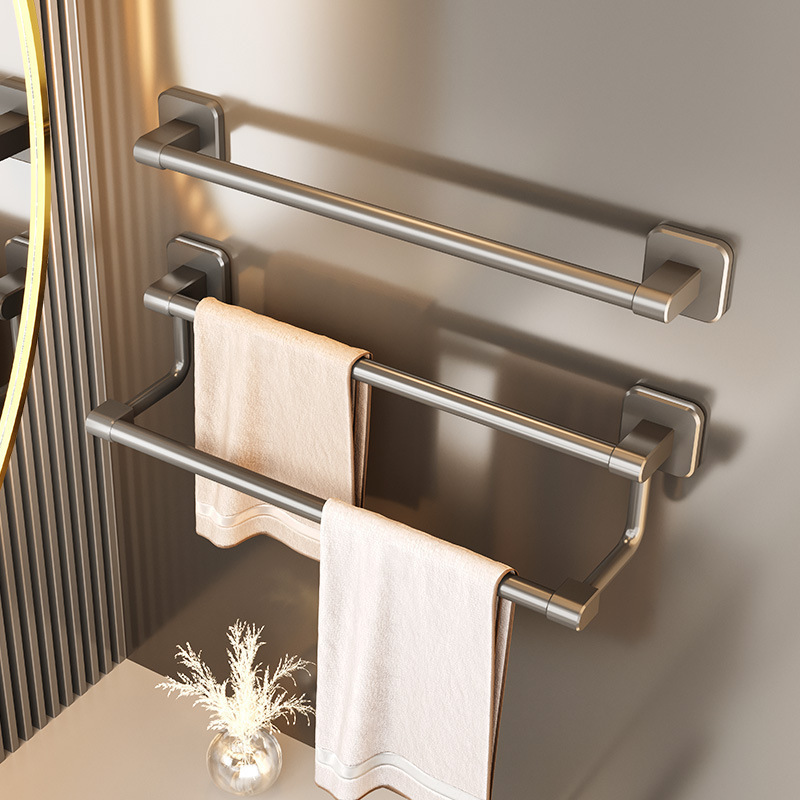 Factory Supply Non-punching Gun Grey Single Bar Towel Rack Bathroom Towel Bar Hanging Pole Space Aluminum Toilet Double Bar
