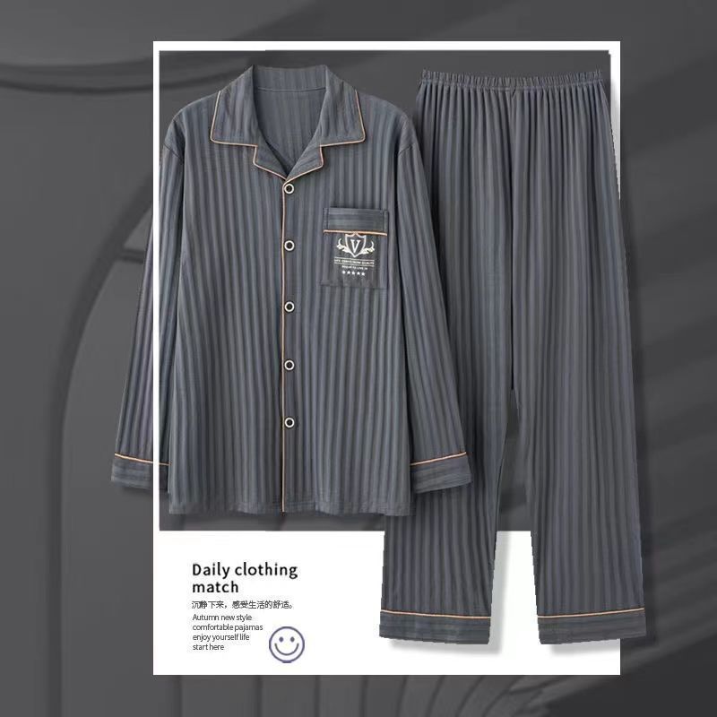 Pijama de algodón masculino primavera y otoño cardigan de manga larga suelta más grande se puede usar fuera del conjunto de ropa de casa