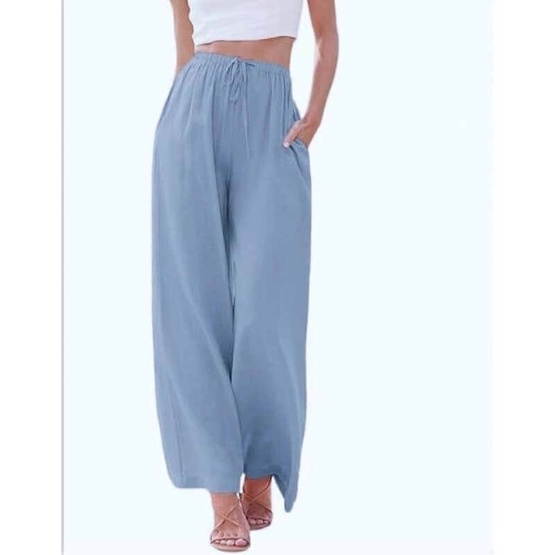 2024 Amazon ebay AliExpress ヨーロッパとアメリカの大きいサイズの女性のパンツリネンルーズカジュアルポケット巾着ワイドレッグパンツ女性|undefined
