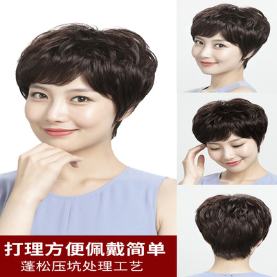 Wig Short hair Headgear lady Wig Middle and old age mom texture fluffy True hair Wig Headgear