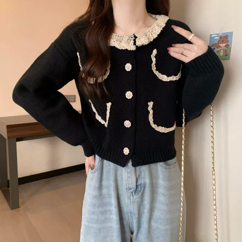 Вязаный oversize кардиган, женский свитер с кружевной оторочкой фуксия, осенний