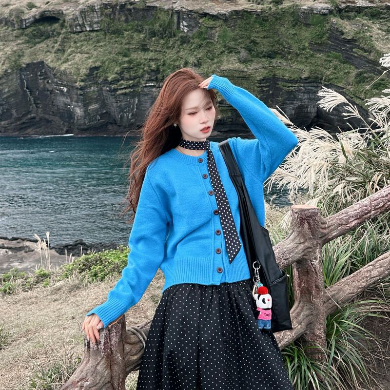 Gentle Blue Petite Sweater Loose Knit Cardigan Autumn New Korean Ins Style Top Gentle Blue Petite Sweater Loose Knit Cardigan Autumn New Korean Ins Style Top