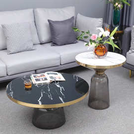 圆形玻璃茶几组合ins北欧小户型客厅简约轻奢设计师创意铃铛边几