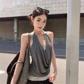 拼接假两件荡领吊带小背心女夏季修身无袖外穿设计感辣妹撞色上衣