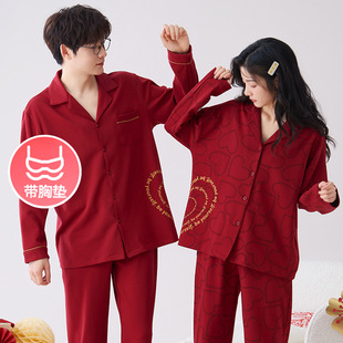 Deer Time Couple Pajamas Women's Spring and Autumn Pure Cotton with Chest Pad Red Newly Married Men's Home Clothes suit Life Year