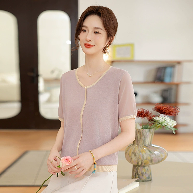 Иностранная мама летняя одежда тонкий с короткими рукавами темпераментный топ среднего и пожилого женского возраста летняя мода свитер из ледяного шелка