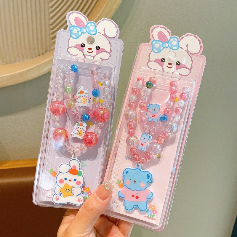 Niños exquisitos collares de dibujos animados pulseras set niñas adorables joyas de perlas princesa viento caja de regalo