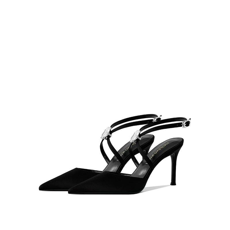 [Спот] 2025 весна и лето новые европейские и американские черные атласные высокие каблуки со стразами