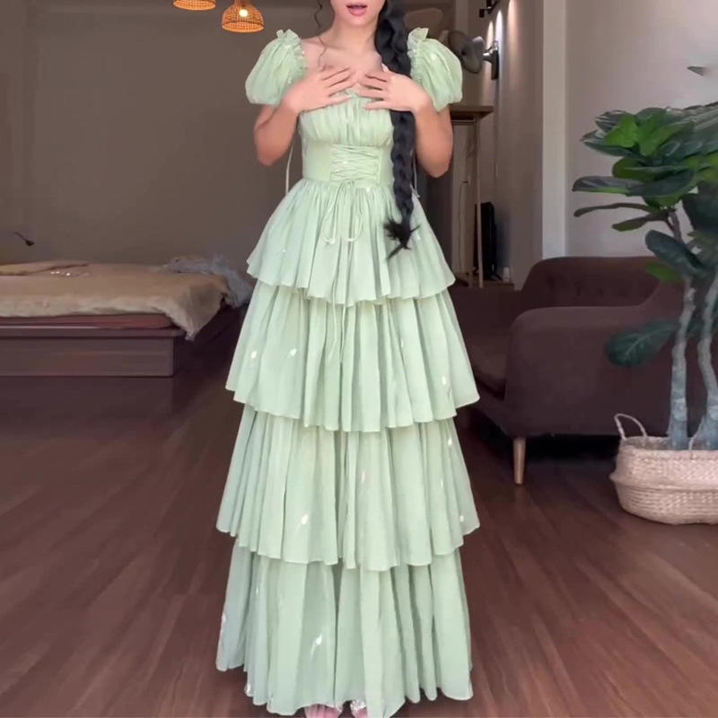 跨境电商欧美风外贸女装新款清新气质方领网纱收腰蓬蓬蛋糕连衣裙
