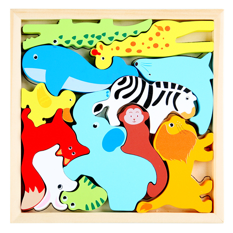 Caricatura animal tridimensional puzzle puzzle puzzle madera infantil educación temprana mano agarrar tablero de frutas y verduras juguetes de tráfico