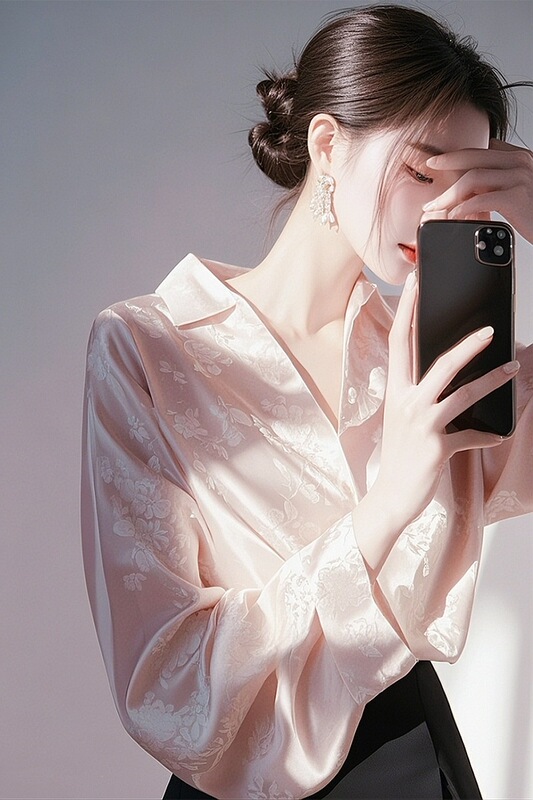 新中国式高級国風ピンクサテンジャカードシャツ女性2025早春盤ボタン上着改良唐服シャツ|undefined