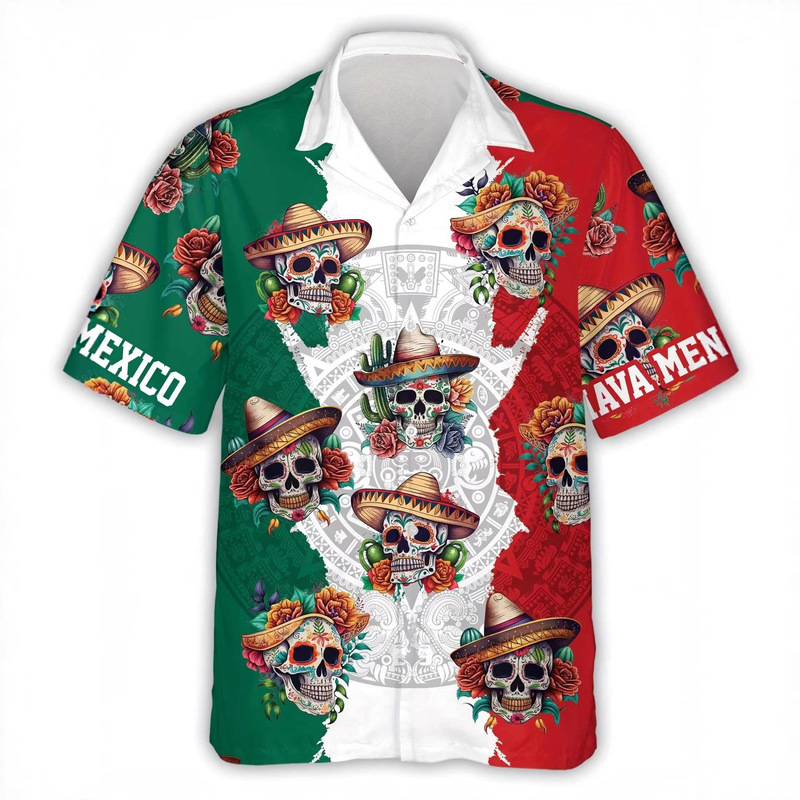 Mexican Skull Print Short-Sleeved Shirt for Men, Summer Breathable, Comfortable, Casual Cuban Collar Shirt