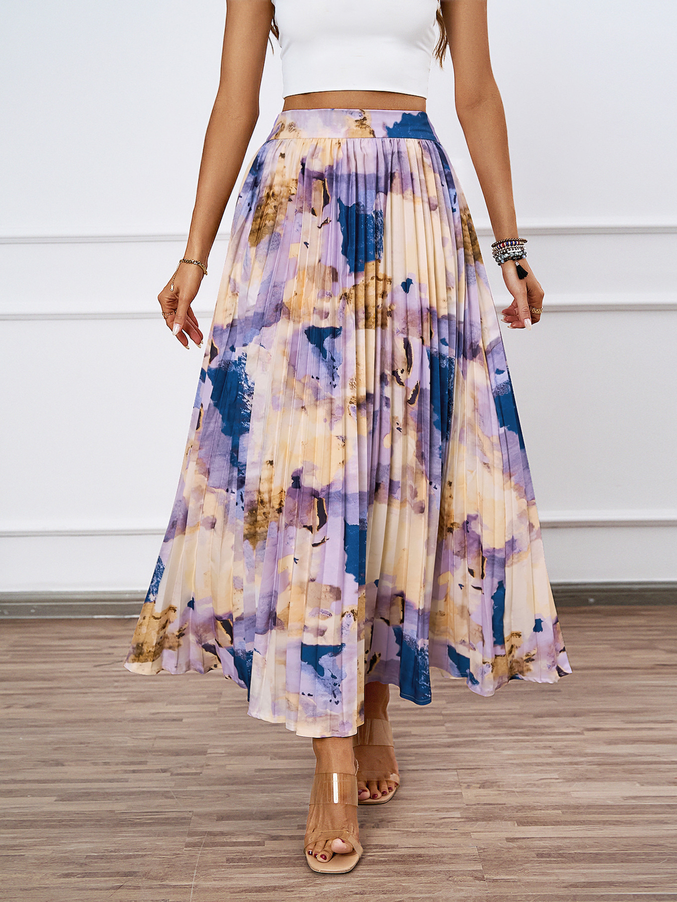 320g Weight Maxi Long Dress Dress Length Type Pleated Skirt Dresses Type Polyester Fabric Type Mid Waist Waist Line Inelastic Elasticity Holiday, Daily Occasion Regular Fit Fit Type Oil Painting Pattern Summer Season Women's Gender Casual Style Summer Casual Oil Painting Polyester Maxi Long Dress Skirts 4