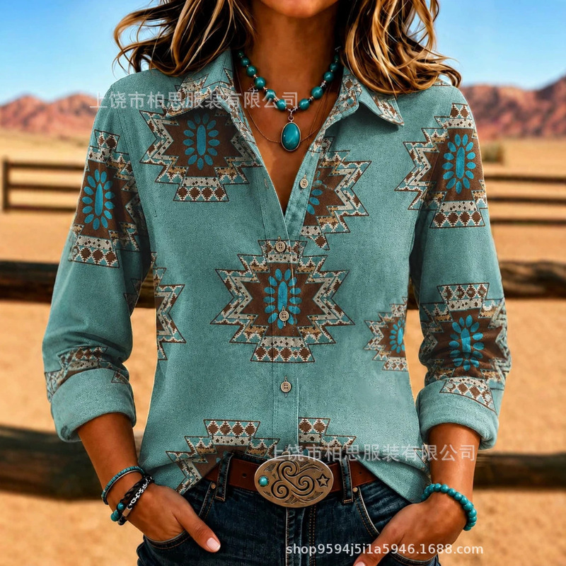 European and American cross-border women's casual shirts, featuring a Western ethnic print, long sleeves, and a comfortable, soft feel European and American cross-border women's casual shirts, featuring a Western ethnic print, long sleeves, and a comfortable, soft feel