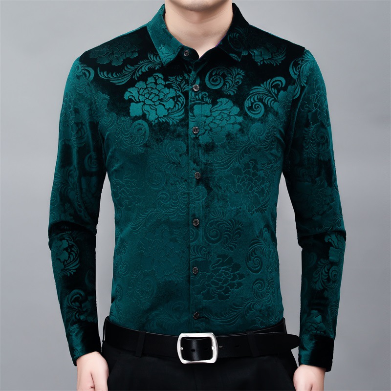 A principios del otoño camisa de terciopelo dorado retro delgada para hombres papá de mediana edad casual de los hombres usa camisa de manga larga sin planchar