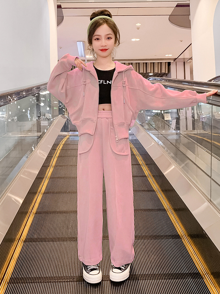 Mädchen Herbstmode Set Kapuzenjacke Mit Langem Arm Und Gerader Hose_voghion.com