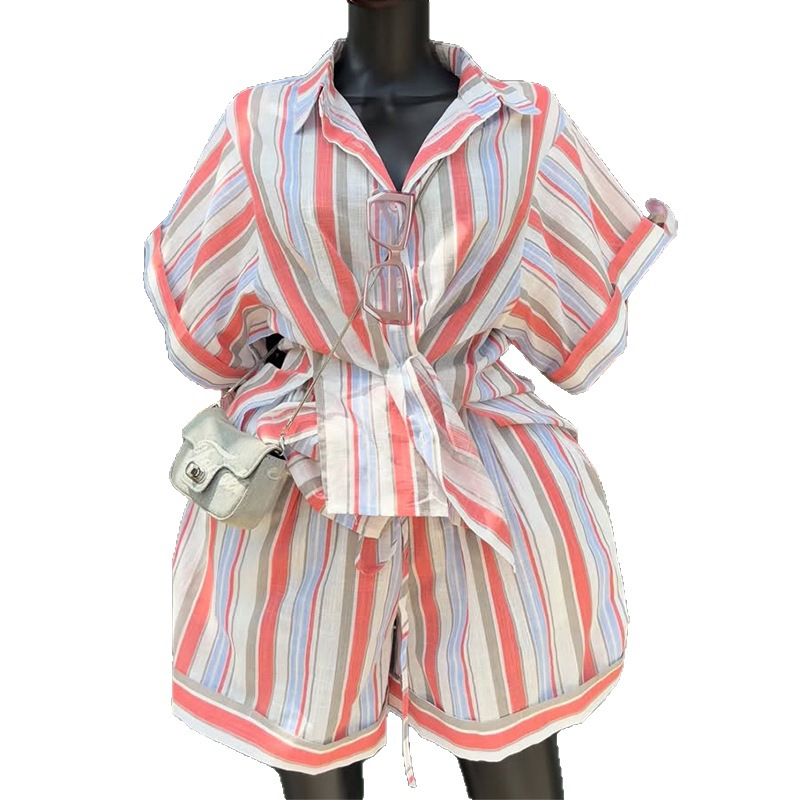 Women's Fashion Lapel Striped Shirt And Wide Leg Shorts Set Spring Tie Detail Short Sleeve Clothing European American Style_voghion.com