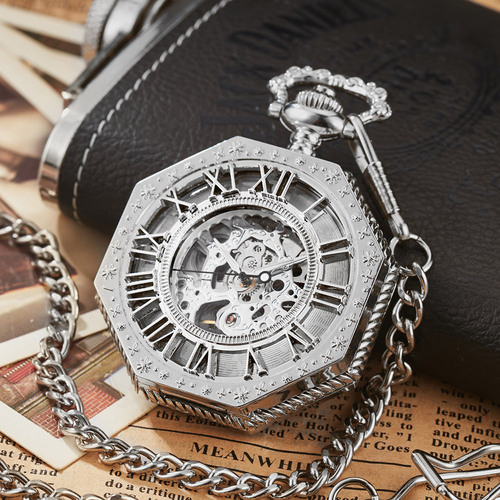 Amazon Hot Selling Skeleton Pocket Watch Engraved Octagonal Mechanical Pocket Watch Retro Roman Blue Numbers Wholesale