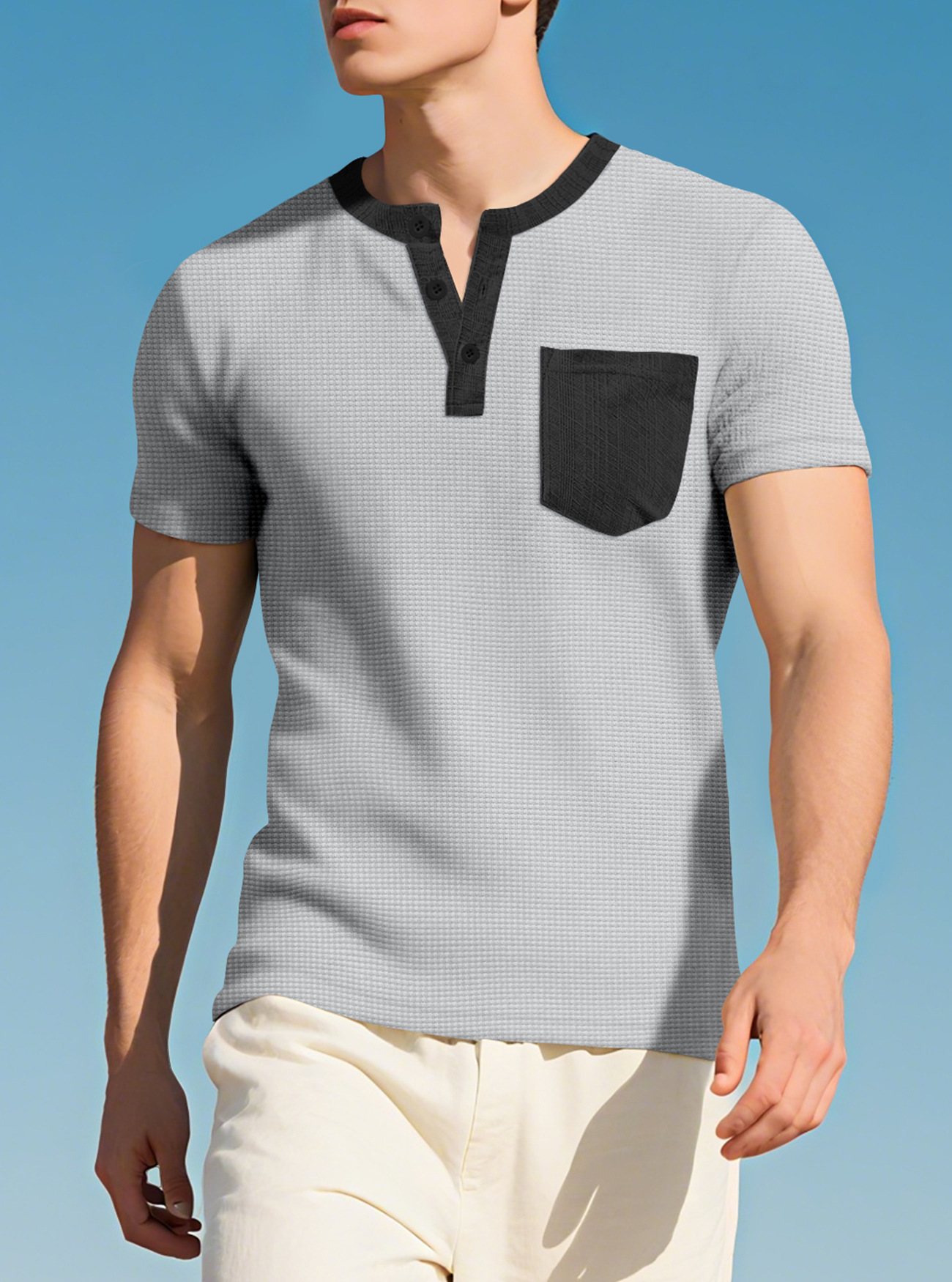 Europa y América hombres cuello redondo manga larga bolsillo de color contrastante camiseta de Henry comercio exterior transfronterizo camiseta casual americana top hombre