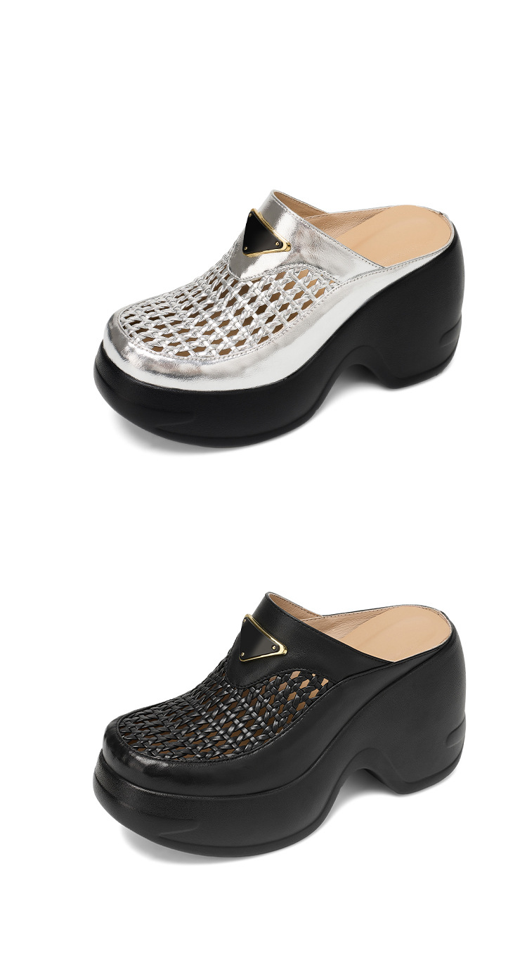 Dép sandal nữ đế xuồng cao bồi, quai chữ v đan mây, mũi kín hở ngón, form rộng thoải mái — màu đen, bạc chi tiết 17