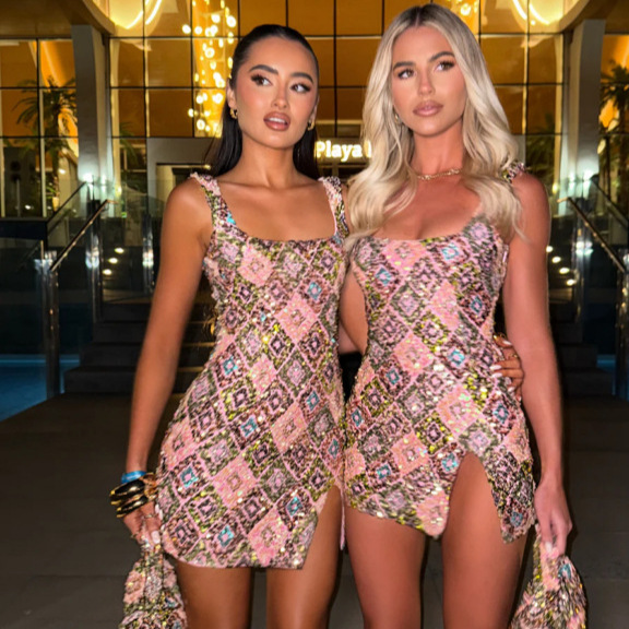 Factory Custom-Made Women's Geometric Bright-Colored Dress with Colorful Sequins, Versatile Sexy High-Waisted Bodycon Dress