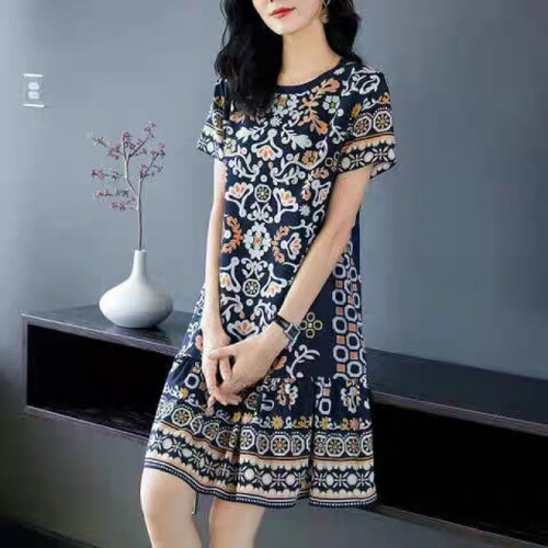 2025 Vintage Print Round Neck Imitation Ice Silk Loose Casual Five-Finger Sleeve Mid-Length Summer Slimming Dress for Women