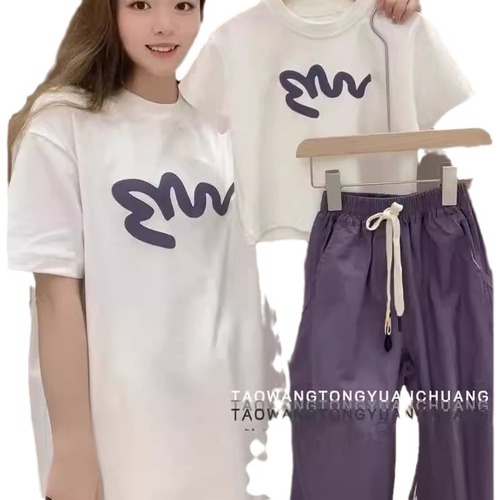 Girls' Summer Set 2024 New Mother and Daughter Stylish T-shirt Matching Set with Trendy Work Pants, Two-Piece Set