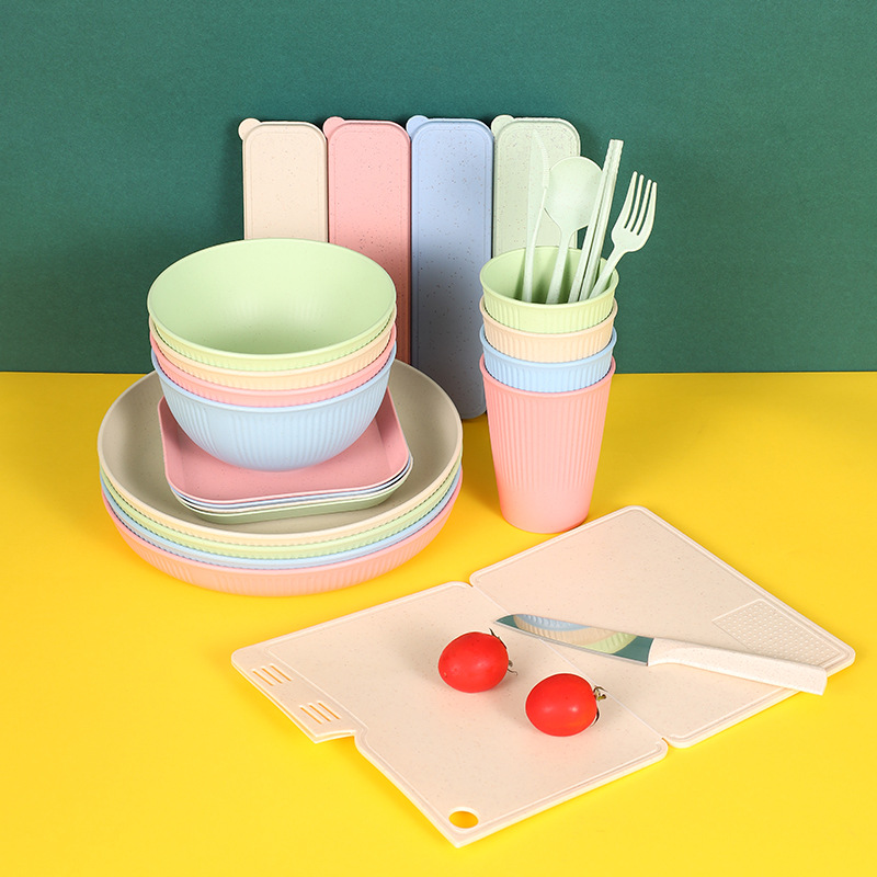 亞馬遜跨境貨源小麥秸稈碗碟盤杯子刀叉勺菜板水果刀戶外餐具套裝