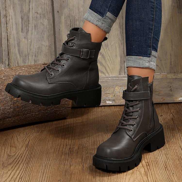 New autumn winter British style motorcycle boots thick soled belt buckle vintage ankle boots plus size_voghion.com