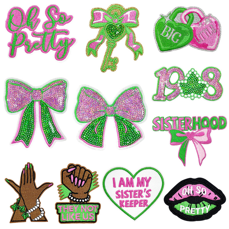 Sisterhood Embroidery Patches Green Pink Sequin Letters Bowknot Heart DIY Clothing Decoration Bag Accessories