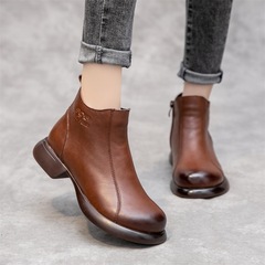 Genuine Leather Chunky Heel Soft Sole Soft-Face Ankle Boots for Women 2025 Autumn/Winter Vintage Round Toe Plus-Size Fleece-Lined Warm Women's Leather Boots