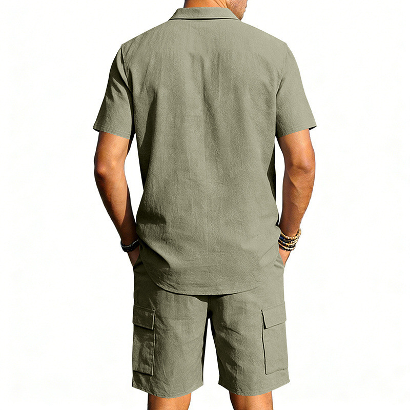 Men's Summer Linen Shirt And Work Shorts Set Casual Sports Outdoor Loose Fit Short Sleeved Collared Suit_viptrois.com