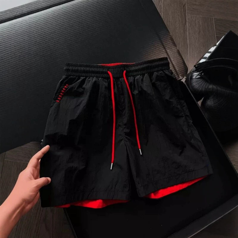 Black and Red Color-Blocking Nylon Quick-Dry Shorts for Men, Summer Thin Cool Ice Silk Sports Shorts, American-Style Loose Four-Quarter Pants Black and Red Color-Blocking Nylon Quick-Dry Shorts for Men, Summer Thin Cool Ice Silk Sports Shorts, American-Style Loose Four-Quarter Pants