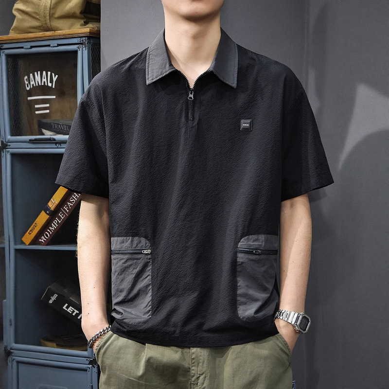 2025 Summer New Style Lapel Trendy Brand Short-Sleeved T-Shirt Men's Polo Shirt Loose Flap Pocket Pants Quarter-Sleeved Quick-Drying Polo Shirt