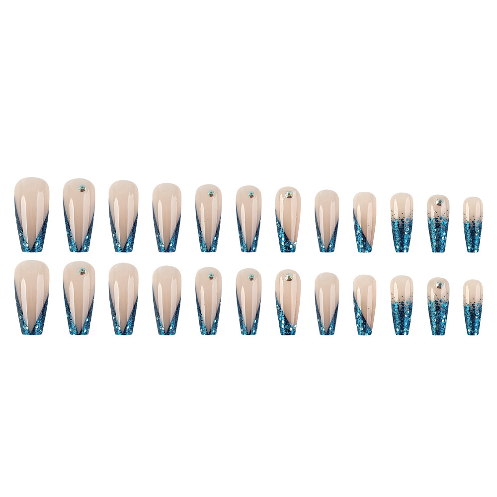 Polvo de brillo azul de mar profundo manicuría francesa comercio exterior perforación de moda dulce y fresca chica caliente estilo de vestir uñas 24 piezas de parche de uñas falsas