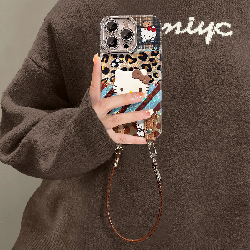Leopard Print Kt Cat Doll Suitable for Apple 16Promax Mobile Phone Case Iphone13 Glacier Pattern 15 with Lanyard 14 Women