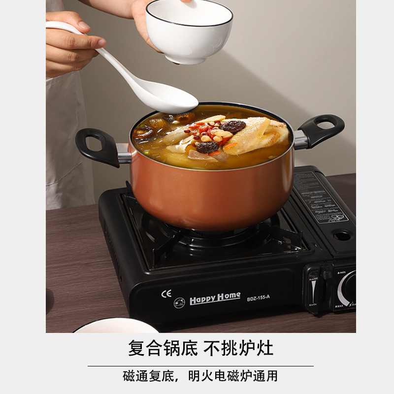 Fábrica de fuente nueva olla de aleación de aluminio casera filete frito frito de huevo no pegajoso doble oreja olla de sopa de sopa al por mayor