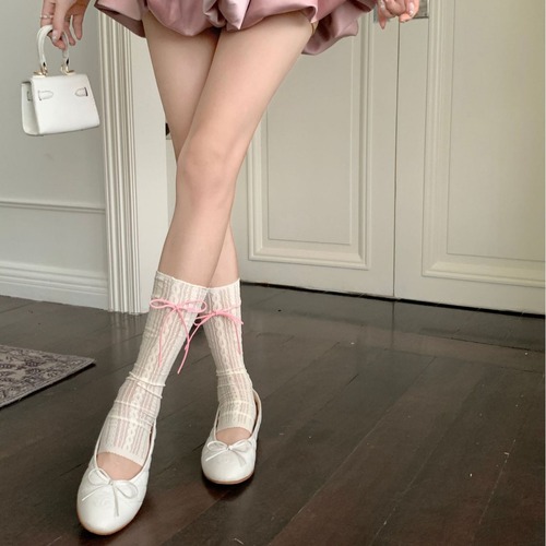 Striped lace mid-calf socks for summer: lightweight, sweet, Japanese-style design with a bow tie and mesh-cutout details—perfect for JK-inspired looks.