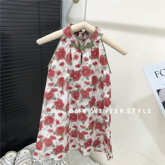 女童連衣裙夏季新款女孩寶寶夏裝兒童公主裙盤扣掛脖旗袍裙外貿