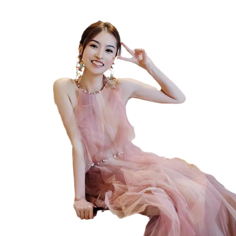 Women's Pink Halter Neck Evening Dress Morning Robe New Arrival 2026 Engagement Party Wear Toasting Dress_ecoleips.com
