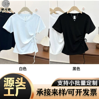 韩系纯色V领收腰绑带蝙蝠袖T恤女修身百搭短款T恤可小单定制印图