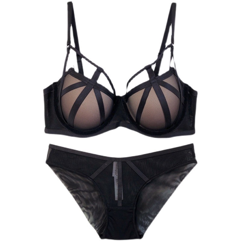 Alta calidad europea y americana sexy vinculante falso ropa interior transparente pequeño pecho push up anillo de acero suave sujetador traje de malla sujetador traje