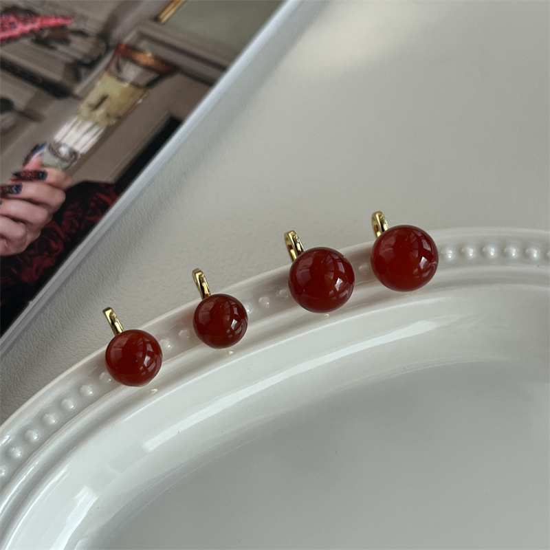 YUANYOU 붉은 마노 귀 클립 가을 겨울 새해 붉은 자연석 귀걸이 라운드 중국 코트 빈티지 귀걸이