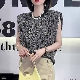 欧洲站2024夏季新款圆领垫肩复古花纹拼色小众无袖套头马甲上衣女