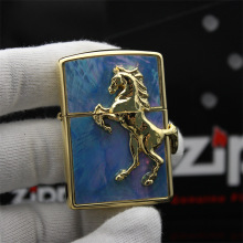 zippo之宝打火机 马到成功 蓝色贝壳 彩贝镶嵌 盔甲镜面